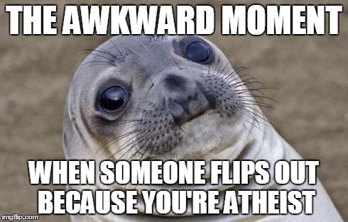 Awkward Moment Sealion | THE AWKWARD MOMENT WHEN SOMEONE FLIPS OUT BECAUSE YOU'RE ATHEIST | image tagged in memes,awkward moment sealion | made w/ Imgflip meme maker