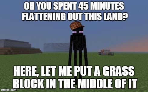 Scumbag Enderman | OH YOU SPENT 45 MINUTES FLATTENING OUT THIS LAND? HERE, LET ME PUT A GRASS BLOCK IN THE MIDDLE OF IT | image tagged in enderman,scumbag,minecraft,game | made w/ Imgflip meme maker