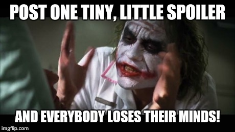 And everybody loses their minds Meme | POST ONE TINY, LITTLE SPOILER AND EVERYBODY LOSES THEIR MINDS! | image tagged in memes,and everybody loses their minds | made w/ Imgflip meme maker