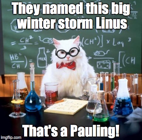 Chemistry Cat Meme | They named this big winter storm Linus That's a Pauling! | image tagged in memes,chemistry cat | made w/ Imgflip meme maker