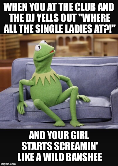 Shocked Boyfriend  | WHEN YOU AT THE CLUB AND THE DJ YELLS OUT"WHERE ALL THE SINGLE LADIES AT?!" AND YOUR GIRL STARTS SCREAMIN' LIKE A WILD BANSHEE | image tagged in kermit the frog,boyfriend,dj,girlfriend,crazy | made w/ Imgflip meme maker