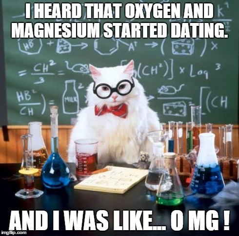 The one thing I remember from chemistry in high school. | I HEARD THAT OXYGEN AND MAGNESIUM STARTED DATING. AND I WAS LIKE... O MG ! | image tagged in memes,chemistry cat,omg | made w/ Imgflip meme maker
