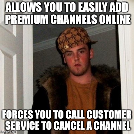 Scumbag Steve Meme | ALLOWS YOU TO EASILY ADD PREMIUM CHANNELS ONLINE FORCES YOU TO CALL CUSTOMER SERVICE TO CANCEL A CHANNEL | image tagged in memes,scumbag steve,AdviceAnimals | made w/ Imgflip meme maker