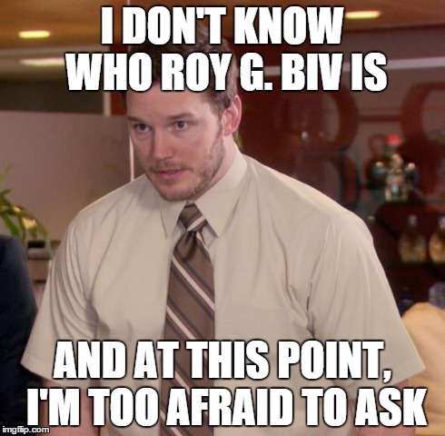 The colors of the rainbow | I DON'T KNOW WHO ROY G. BIV IS AND AT THIS POINT, I'M TOO AFRAID TO ASK | image tagged in memes,afraid to ask andy | made w/ Imgflip meme maker