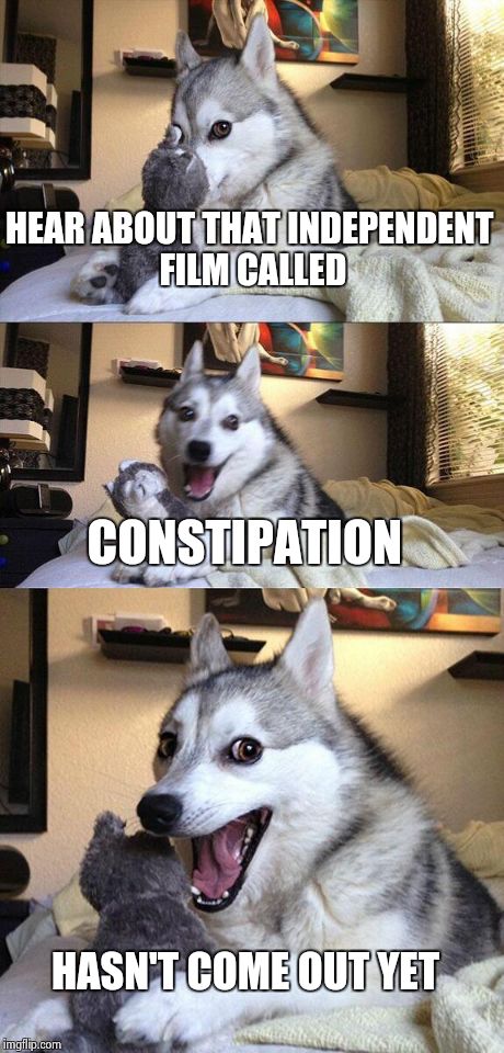 Bad Pun Dog Meme | HEAR ABOUT THAT INDEPENDENT FILM CALLED CONSTIPATION HASN'T COME OUT YET | image tagged in memes,bad pun dog | made w/ Imgflip meme maker