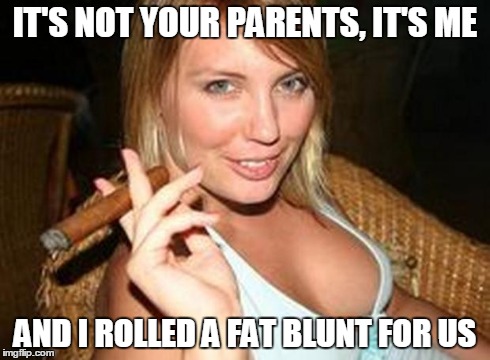 Blunt chick | IT'S NOT YOUR PARENTS, IT'S ME AND I ROLLED A FAT BLUNT FOR US | image tagged in cigar babe,memes,weed | made w/ Imgflip meme maker
