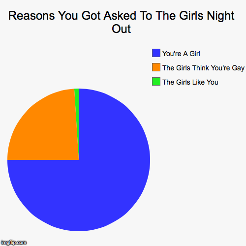 Reasons You Got Asked To The Girls Night Out | The Girls Like You, The Girls Think You're Gay, You're A Girl | image tagged in funny,pie charts | made w/ Imgflip chart maker