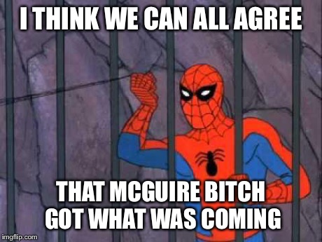 spiderman | I THINK WE CAN ALL AGREE THAT MCGUIRE B**CH GOT WHAT WAS COMING | image tagged in spiderman | made w/ Imgflip meme maker
