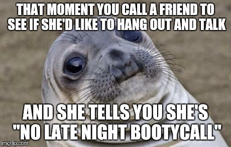 Awkward Moment Sealion | THAT MOMENT YOU CALL A FRIEND TO SEE IF SHE'D LIKE TO HANG OUT AND TALK AND SHE TELLS YOU SHE'S "NO LATE NIGHT BOOTYCALL" | image tagged in memes,awkward moment sealion | made w/ Imgflip meme maker