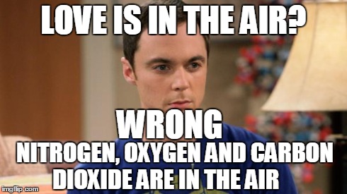 Sheldon Logic | LOVE IS IN THE AIR? WRONG NITROGEN, OXYGEN AND CARBON DIOXIDE ARE IN THE AIR | image tagged in sheldon logic | made w/ Imgflip meme maker