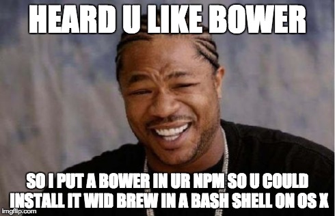 Yo Dawg Heard You Meme | HEARD U LIKE BOWER SO I PUT A BOWER IN UR NPM SO U COULD INSTALL IT WID BREW IN A BASH SHELL ON OS X | image tagged in memes,yo dawg heard you | made w/ Imgflip meme maker