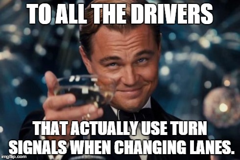 Leonardo Dicaprio Cheers | TO ALL THE DRIVERS THAT ACTUALLY USE TURN SIGNALS WHEN CHANGING LANES. | image tagged in memes,leonardo dicaprio cheers | made w/ Imgflip meme maker