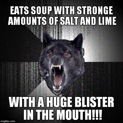 Insanity Wolf Meme | EATS SOUP WITH STRONGE AMOUNTS OF SALT AND LIME WITH A HUGE BLISTER IN THE MOUTH!!! | image tagged in memes,insanity wolf | made w/ Imgflip meme maker