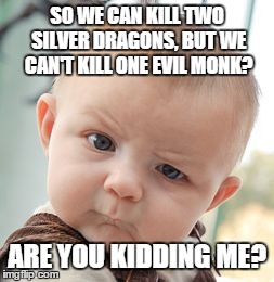 Skeptical Baby Meme | SO WE CAN KILL TWO SILVER DRAGONS, BUT WE CAN'T KILL ONE EVIL MONK? ARE YOU KIDDING ME? | image tagged in memes,skeptical baby | made w/ Imgflip meme maker