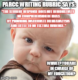 Skeptical Baby | PARCC WRITING RUBRIC SAYS: "THE STUDENT RESPONSE DOES NOT
DEMONSTRATE NO
COMPREHENSION OF IDEAS BY
PROVIDING INACCURATE OR NO
ANALYSIS AND L | image tagged in memes,skeptical baby | made w/ Imgflip meme maker
