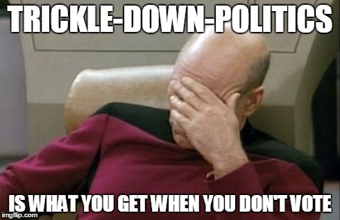 Captain Picard Facepalm | TRICKLE-DOWN-POLITICS IS WHAT YOU GET WHEN YOU DON'T VOTE | image tagged in memes,captain picard facepalm | made w/ Imgflip meme maker