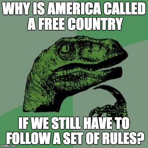 Philosoraptor Meme | WHY IS AMERICA CALLED A FREE COUNTRY IF WE STILL HAVE TO FOLLOW A SET OF RULES? | image tagged in memes,philosoraptor | made w/ Imgflip meme maker