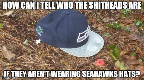 Seahawks Lose | HOW CAN I TELL WHO THE SHITHEADS ARE IF THEY AREN'T WEARING SEAHAWKS HATS? | image tagged in super bowl,new england patriots,seattle seahawks,bill belichick,russell wilson,tom brady | made w/ Imgflip meme maker
