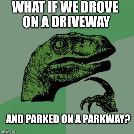 Philosoraptor | WHAT IF WE DROVE ON A DRIVEWAY AND PARKED ON A PARKWAY? | image tagged in memes,philosoraptor | made w/ Imgflip meme maker