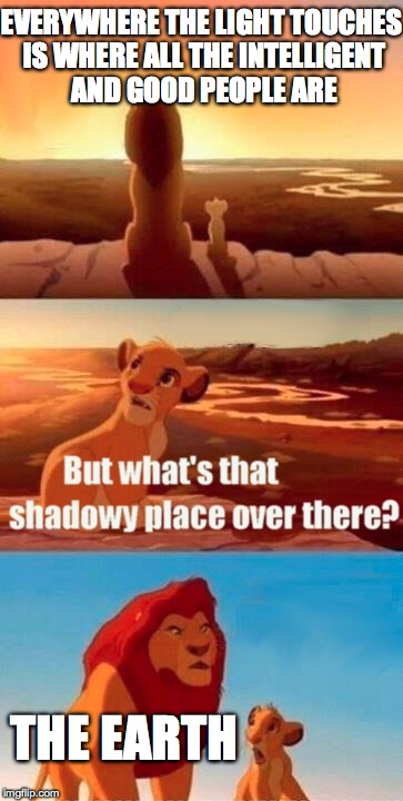 Simba Shadowy Place | EVERYWHERE THE LIGHT TOUCHES IS WHERE ALL THE INTELLIGENT AND GOOD PEOPLE ARE THE EARTH | image tagged in memes,simba shadowy place | made w/ Imgflip meme maker
