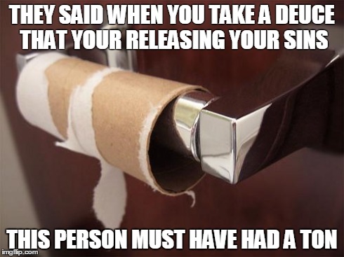toilet paper | THEY SAID WHEN YOU TAKE A DEUCE THAT YOUR RELEASING YOUR SINS THIS PERSON MUST HAVE HAD A TON | image tagged in toilet paper | made w/ Imgflip meme maker