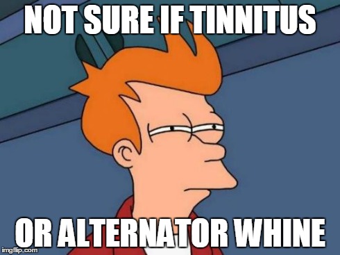 Futurama Fry Meme | NOT SURE IF TINNITUS OR ALTERNATOR WHINE | image tagged in memes,futurama fry | made w/ Imgflip meme maker