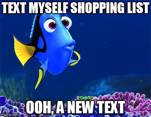 Dory | TEXT MYSELF SHOPPING LIST OOH, A NEW TEXT | image tagged in dory,AdviceAnimals | made w/ Imgflip meme maker
