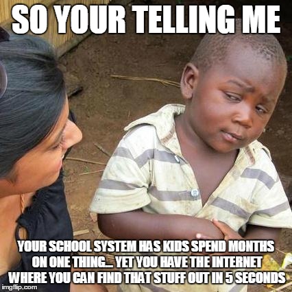 Third World Skeptical Kid | SO YOUR TELLING ME YOUR SCHOOL SYSTEM HAS KIDS SPEND MONTHS ON ONE THING... YET YOU HAVE THE INTERNET WHERE YOU CAN FIND THAT STUFF OUT IN 5 | image tagged in memes,third world skeptical kid | made w/ Imgflip meme maker