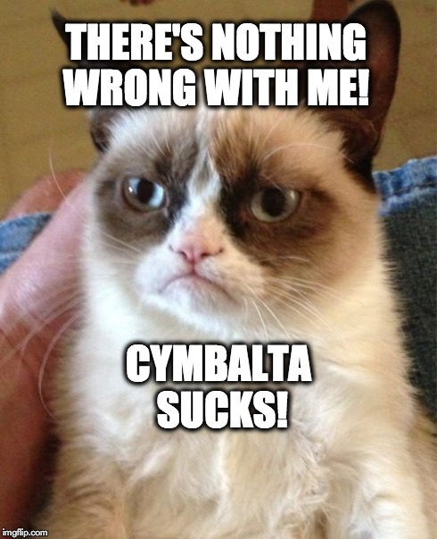 Grumpy Cat Meme | THERE'S NOTHING WRONG WITH ME! CYMBALTA SUCKS! | image tagged in memes,grumpy cat | made w/ Imgflip meme maker