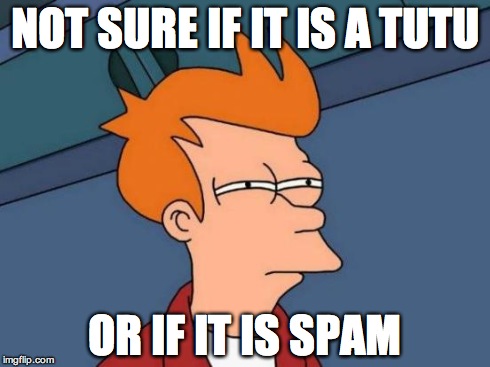 Futurama Fry | NOT SURE IF IT IS A TUTU OR IF IT IS SPAM | image tagged in memes,futurama fry | made w/ Imgflip meme maker