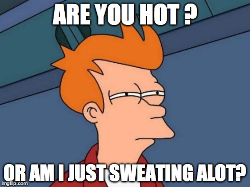 Futurama Fry | ARE YOU HOT ? OR AM I JUST SWEATING ALOT? | image tagged in memes,futurama fry | made w/ Imgflip meme maker