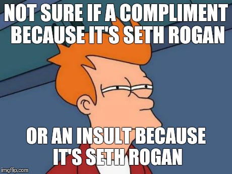 Futurama Fry | NOT SURE IF A COMPLIMENT BECAUSE IT'S SETH ROGAN OR AN INSULT BECAUSE IT'S SETH ROGAN | image tagged in memes,futurama fry,AdviceAnimals | made w/ Imgflip meme maker