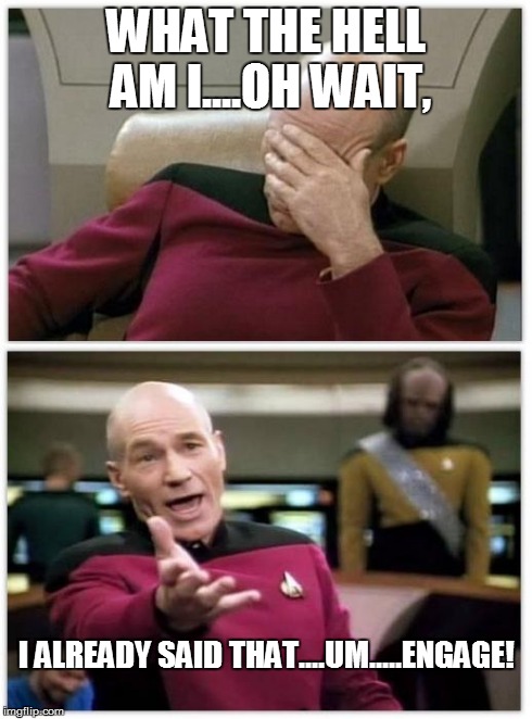 Picard frustrated | WHAT THE HELL AM I....OH WAIT, I ALREADY SAID THAT....UM.....ENGAGE! | image tagged in picard frustrated | made w/ Imgflip meme maker