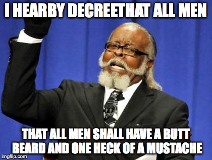 Too Damn High | I HEARBY DECREETHAT ALL MEN THAT ALL MEN SHALL HAVE A BUTT BEARD AND ONE HECK OF A MUSTACHE | image tagged in memes,too damn high | made w/ Imgflip meme maker