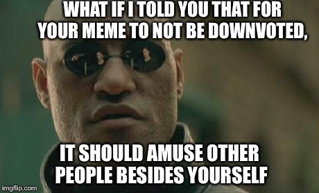 Just a thought guys | WHAT IF I TOLD YOU THAT FOR YOUR MEME TO NOT BE DOWNVOTED, IT SHOULD AMUSE OTHER PEOPLE BESIDES YOURSELF | image tagged in memes,matrix morpheus | made w/ Imgflip meme maker