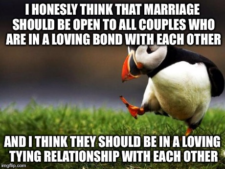 Unpopular Opinion Puffin | I HONESLY THINK THAT MARRIAGE SHOULD BE OPEN TO ALL COUPLES WHO ARE IN A LOVING BOND WITH EACH OTHER AND I THINK THEY SHOULD BE IN A LOVING  | image tagged in memes,unpopular opinion puffin | made w/ Imgflip meme maker