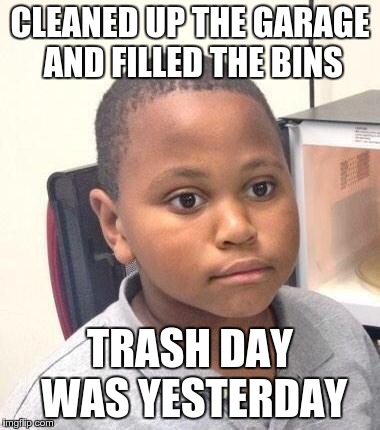 Minor Mistake Marvin Meme | CLEANED UP THE GARAGE AND FILLED THE BINS TRASH DAY WAS YESTERDAY | image tagged in memes,minor mistake marvin,AdviceAnimals | made w/ Imgflip meme maker