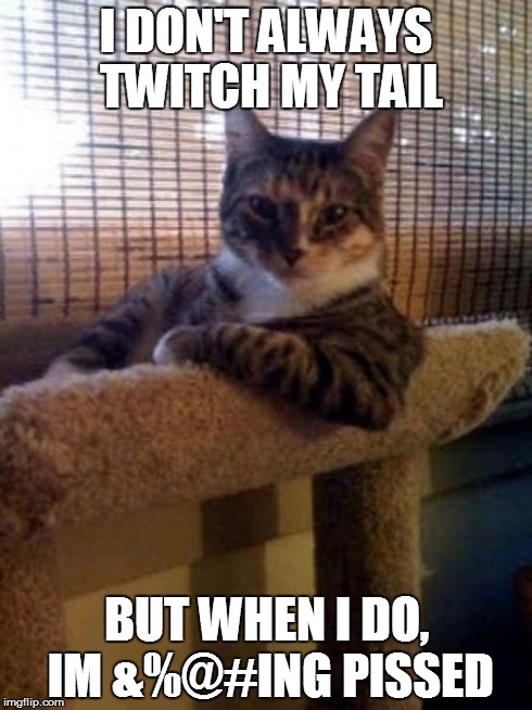 The Most Interesting Cat In The World | I DON'T ALWAYS TWITCH MY TAIL BUT WHEN I DO, IM &%@#ING PISSED | image tagged in memes,the most interesting cat in the world | made w/ Imgflip meme maker