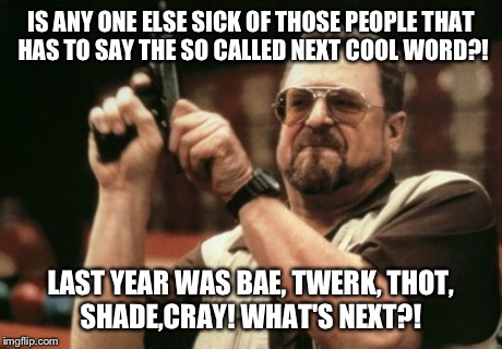 Those stupid new words that the new generation come up with or stole. :/ | IS ANY ONE ELSE SICK OF THOSE PEOPLE THAT HAS TO SAY THE SO CALLED NEXT COOL WORD?! LAST YEAR WAS BAE, TWERK, THOT, SHADE,CRAY! WHAT'S NEXT? | image tagged in memes,am i the only one around here | made w/ Imgflip meme maker