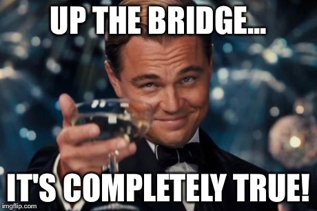 UP THE BRIDGE... IT'S COMPLETELY TRUE! | image tagged in memes,leonardo dicaprio cheers | made w/ Imgflip meme maker