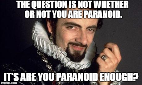 black adder cunning plan | THE QUESTION IS NOT WHETHER OR NOT YOU ARE PARANOID. IT'S ARE YOU PARANOID ENOUGH? | image tagged in black adder cunning plan | made w/ Imgflip meme maker