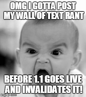 Angry Baby Meme | OMG I GOTTA POST MY WALL OF TEXT RANT BEFORE 1.1 GOES LIVE AND INVALIDATES IT! | image tagged in memes,angry baby | made w/ Imgflip meme maker