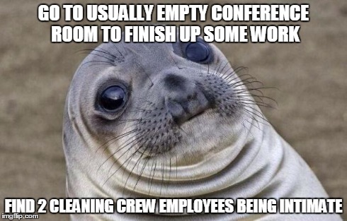Awkward Moment Sealion | GO TO USUALLY EMPTY CONFERENCE ROOM TO FINISH UP SOME WORK FIND 2 CLEANING CREW EMPLOYEES BEING INTIMATE | image tagged in memes,awkward moment sealion | made w/ Imgflip meme maker