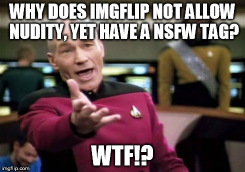 Picard Wtf | WHY DOES IMGFLIP NOT ALLOW NUDITY, YET HAVE A NSFW TAG? WTF!? | image tagged in memes,picard wtf | made w/ Imgflip meme maker