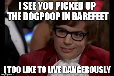 I Too Like To Live Dangerously | I SEE YOU PICKED UP THE DOGPOOP IN BAREFEET I TOO LIKE TO LIVE DANGEROUSLY | image tagged in memes,i too like to live dangerously | made w/ Imgflip meme maker