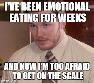 Afraid To Ask Andy (Closeup) Meme | I'VE BEEN EMOTIONAL EATING FOR WEEKS AND NOW I'M TOO AFRAID TO GET ON THE SCALE | image tagged in and i'm too afraid to ask andy,PointsPlus | made w/ Imgflip meme maker