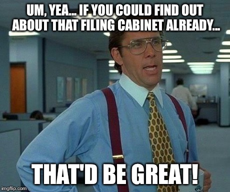 That Would Be Great | UM, YEA... IF YOU COULD FIND OUT ABOUT THAT FILING CABINET ALREADY... THAT'D BE GREAT! | image tagged in memes,that would be great | made w/ Imgflip meme maker