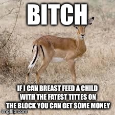 U need money impala | B**CH IF I CAN BREAST FEED A CHILD WITH THE FATEST TITTES ON THE BLOCK YOU CAN GET SOME MONEY | image tagged in u need money impala | made w/ Imgflip meme maker