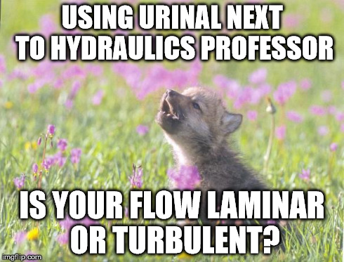 Baby Insanity Wolf | USING URINAL NEXT TO HYDRAULICS PROFESSOR IS YOUR FLOW LAMINAR OR TURBULENT? | image tagged in memes,baby insanity wolf,AdviceAnimals | made w/ Imgflip meme maker