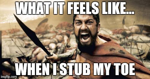 Sparta Leonidas | WHAT IT FEELS LIKE... WHEN I STUB MY TOE | image tagged in memes,sparta leonidas | made w/ Imgflip meme maker